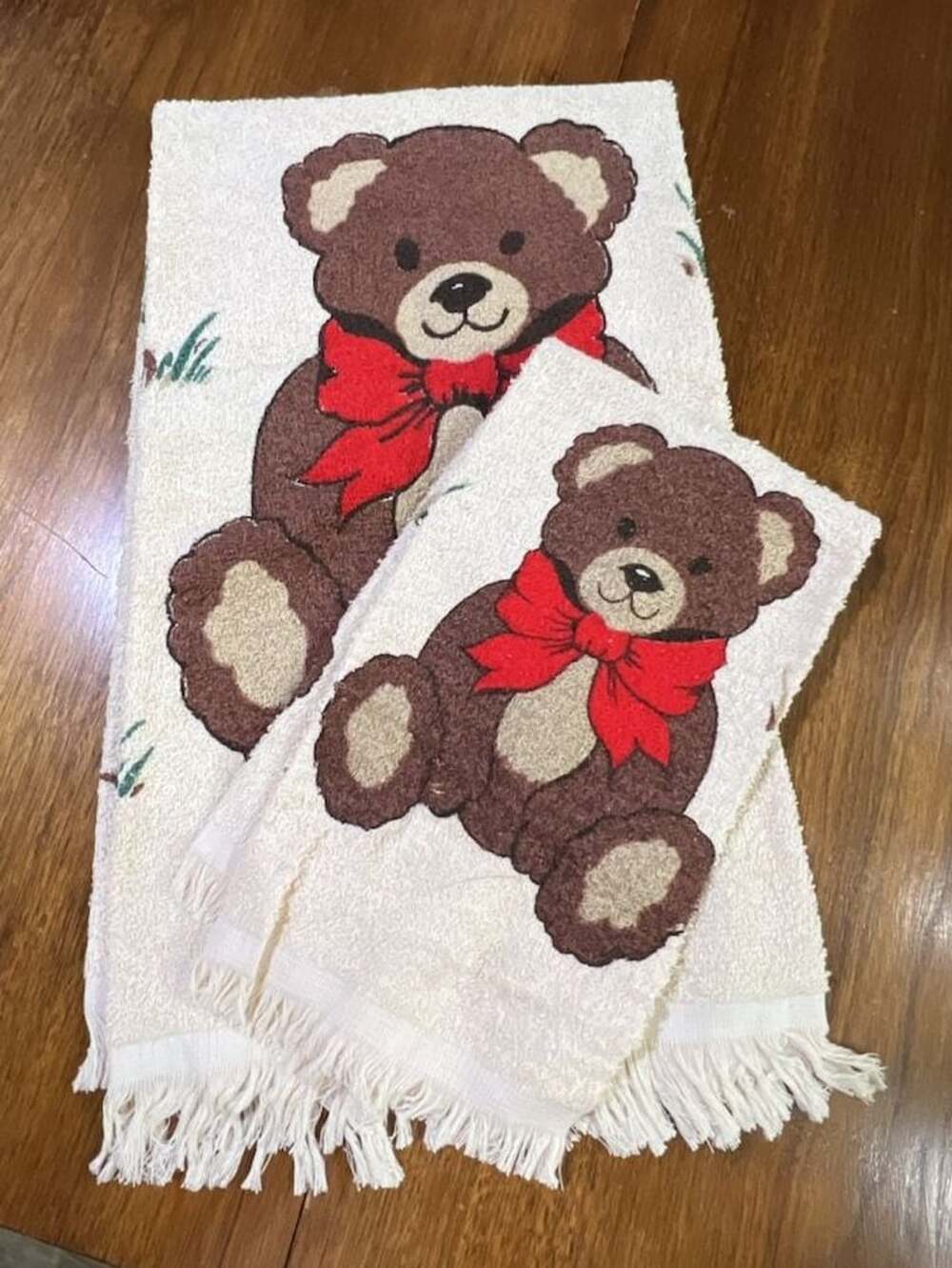 Cannon Teddy Bear Bath Towel Set Beige Red Bow Vintage